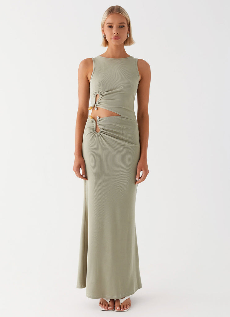 Womens Lennox Maxi Dress in the colour Sage in front of a light grey background