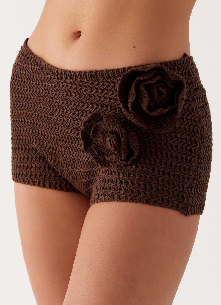 Womens Maia Rose Crochet Mini Shorts in the colour Chocolate in front of a light grey background