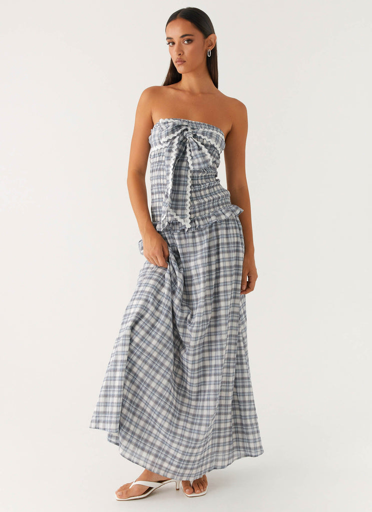 Malia Shirred Maxi Dress - Blue Grey Check