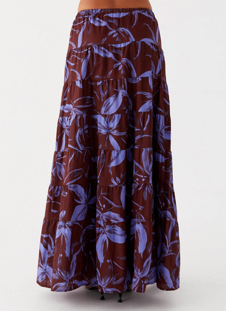 Womens Mariella Linen Maxi Skirt in the colour Purple Brown Floral in front of a light grey background