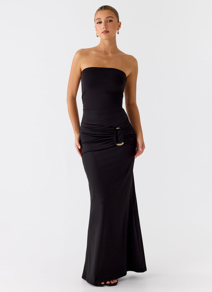 Metal Heart Strapless Maxi Dress - Black