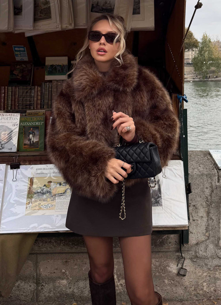 Miccy Cropped Faux Fur Coat - Chocolate