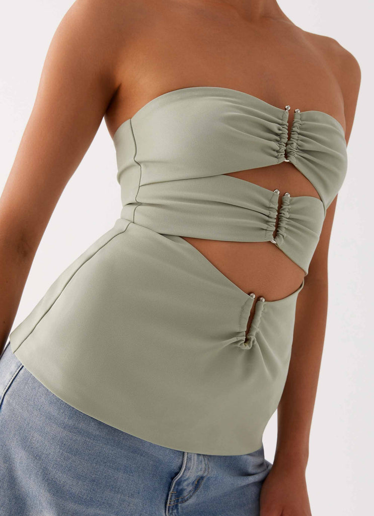 Womens Micha Strapless Top in the colour Khaki in front of a light grey background