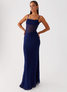 Womens Miranda Maxi Dress in the colour Navy in front of a light grey background