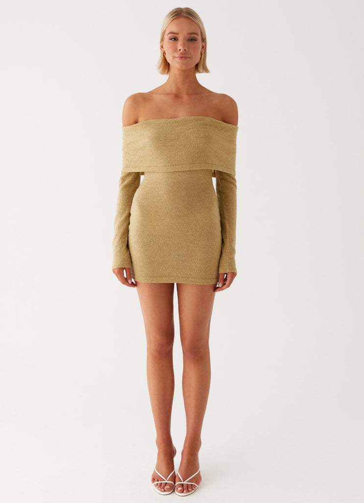 Womens Myla Off Shoulder Mini Dress in the colour Camel in front of a light grey background