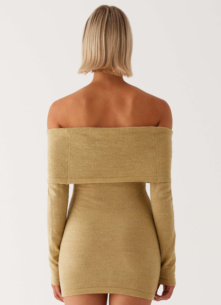 Womens Myla Off Shoulder Mini Dress in the colour Camel in front of a light grey background