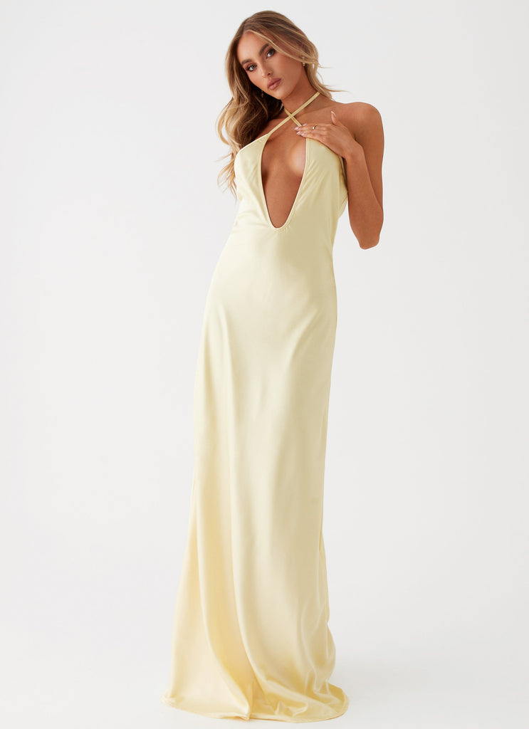 Womens Noir Symphony Maxi Dress in the colour Yellow in front of a light grey background