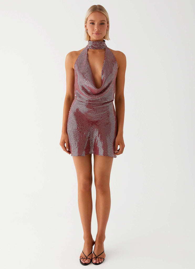 Womens Nora Sequin Cowl Neck Mini Dress in the colour Red in front of a light grey background