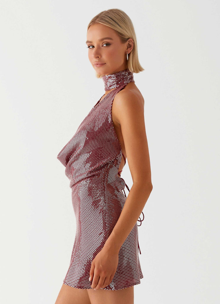 Womens Nora Sequin Cowl Neck Mini Dress in the colour Red in front of a light grey background