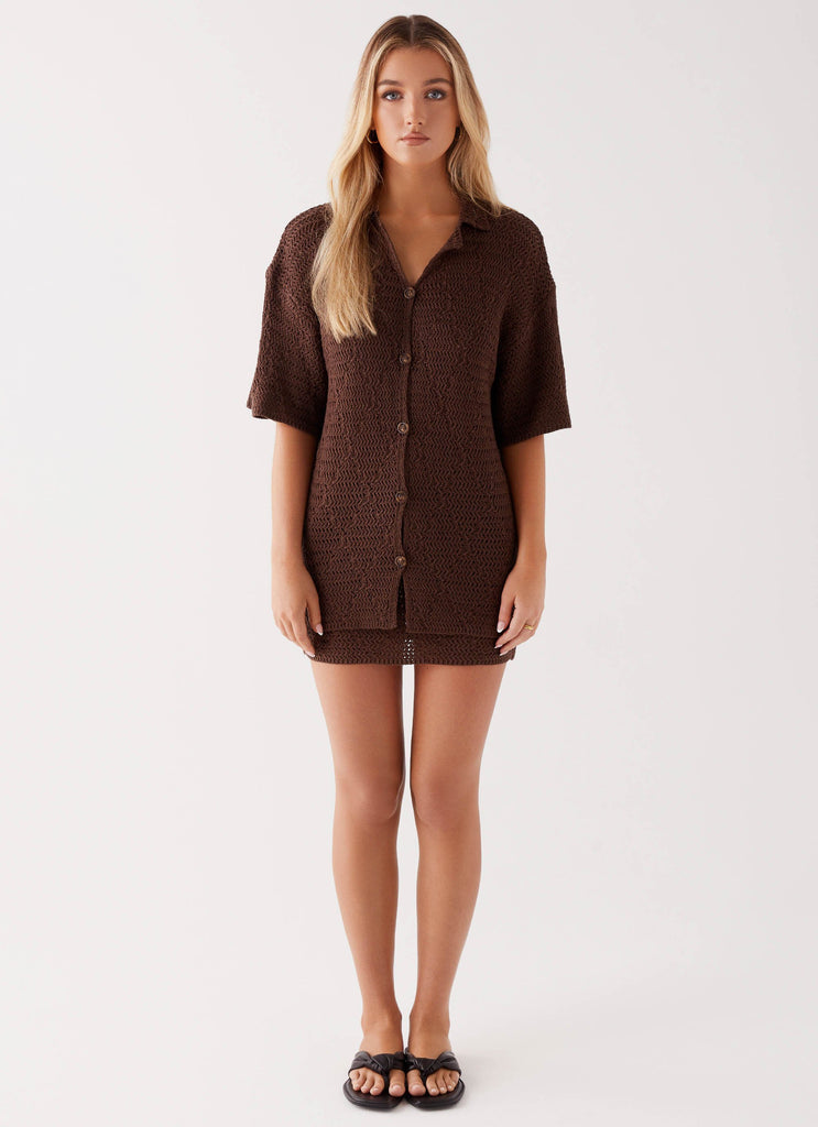 Womens Nylah Oversized Crochet Shirt in the colour Chocolate in front of a light grey background