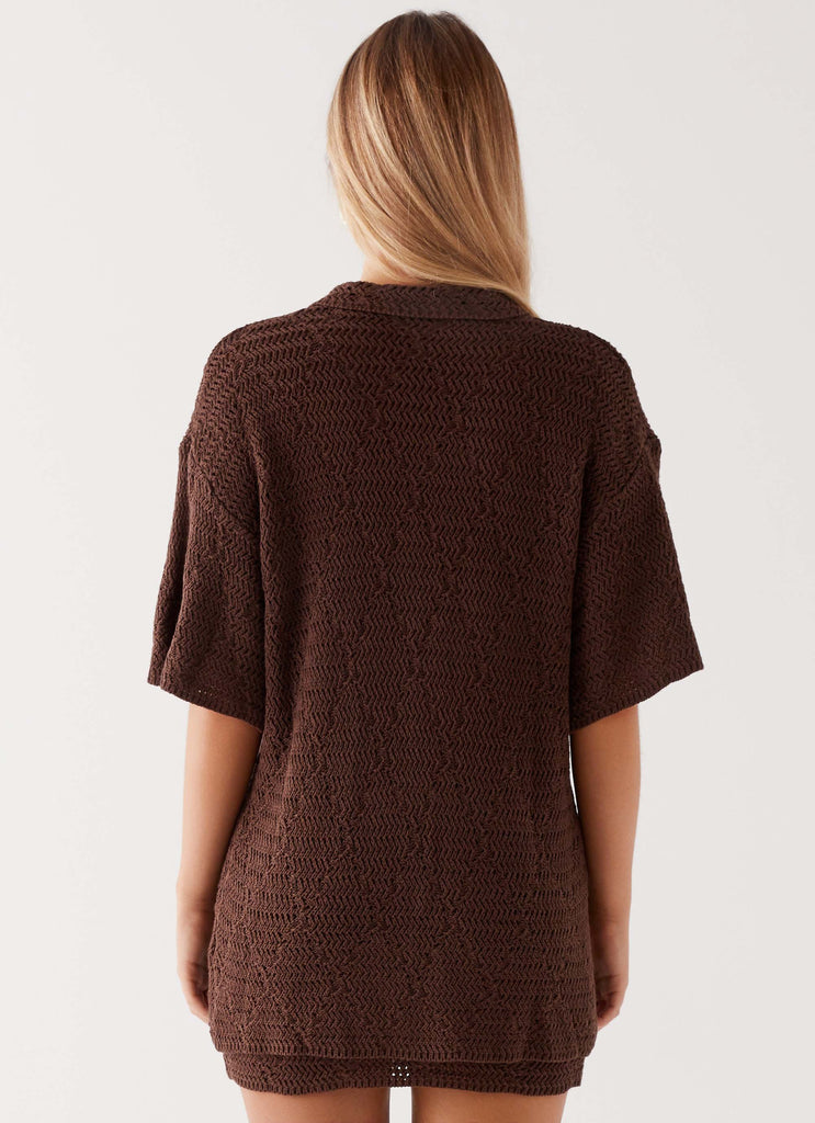 Womens Nylah Oversized Crochet Shirt in the colour Chocolate in front of a light grey background