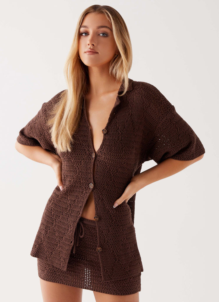 Womens Nylah Oversized Crochet Shirt in the colour Chocolate in front of a light grey background