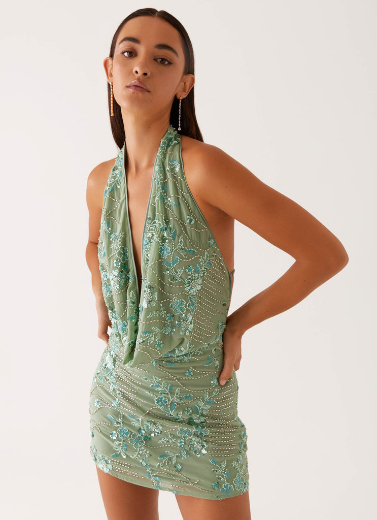 Olisa Cowl Neck Beaded Mini Dress - Mint