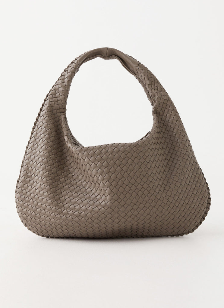 Womens Oriona Woven Handbag in the colour Grey in front of a light grey background