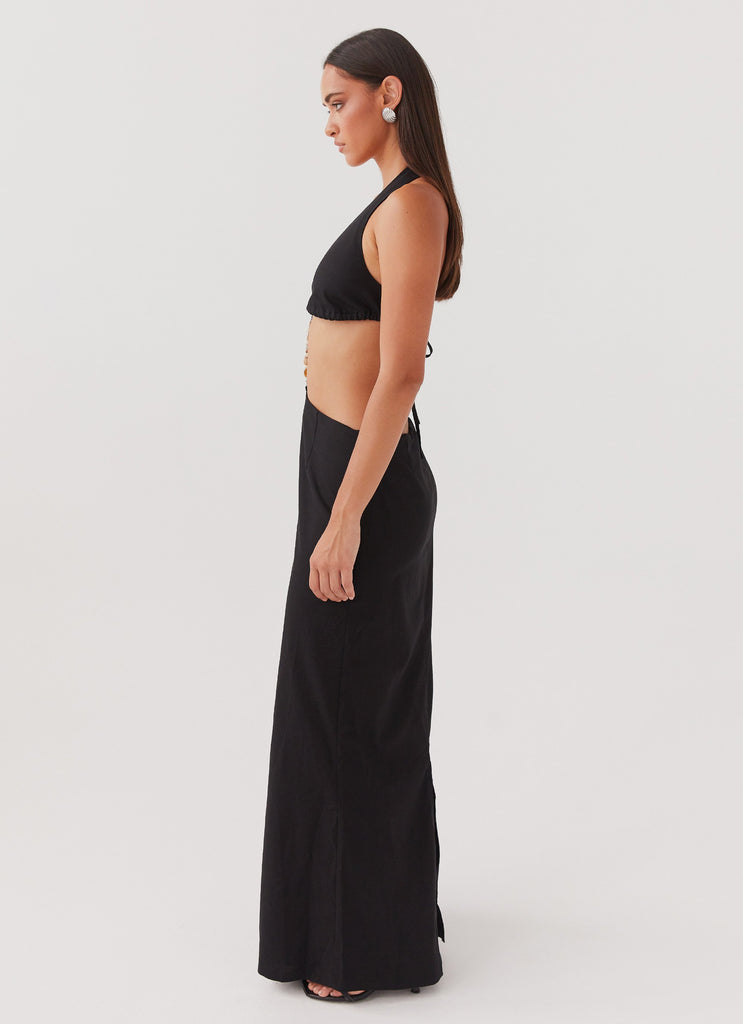 Womens Swaying Palms Maxi Dress in the colour Black in front of a light grey background