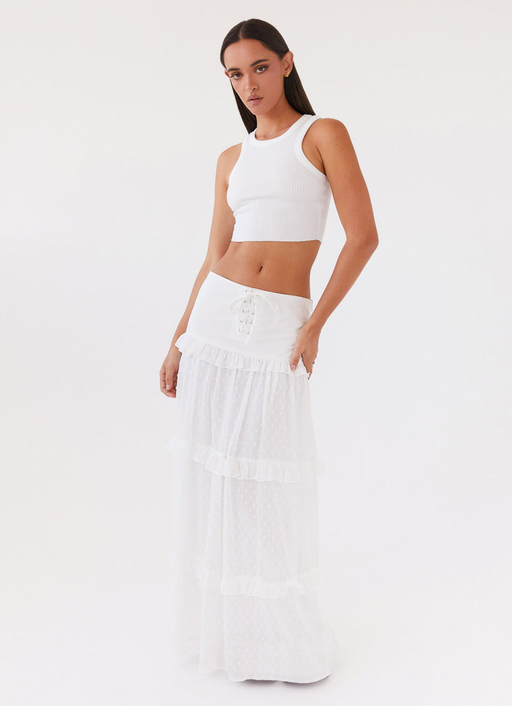 Womens Esmeralda Maxi Skirt in the colour White in front of a light grey background