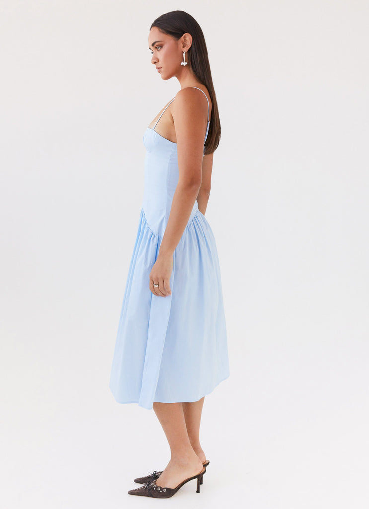 Womens Yvette Corset Midi Dress in the colour Blue in front of a light grey background