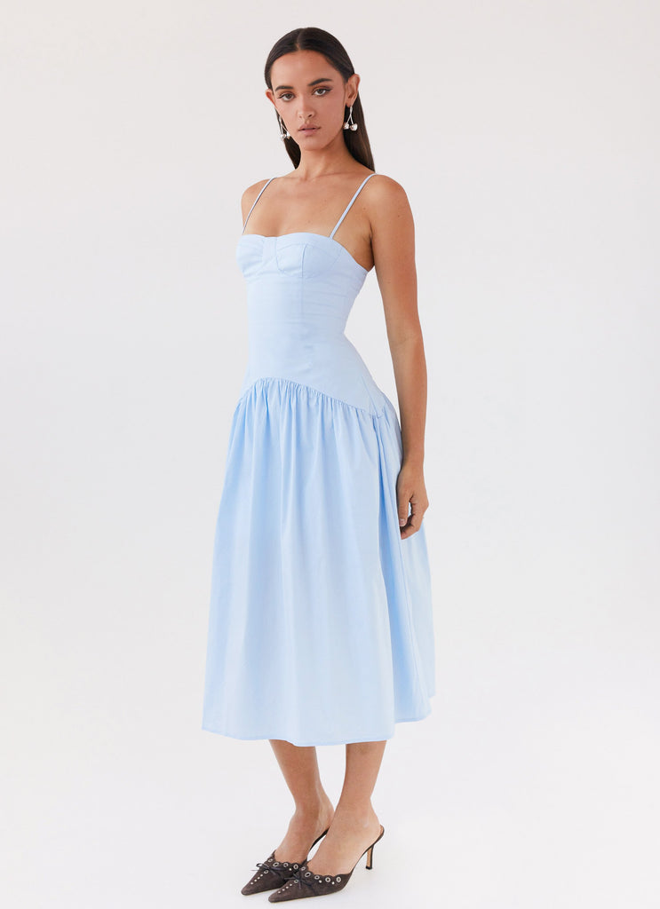 Womens Yvette Corset Midi Dress in the colour Blue in front of a light grey background