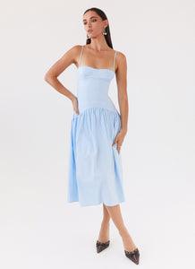 Womens Yvette Corset Midi Dress in the colour Blue in front of a light grey background