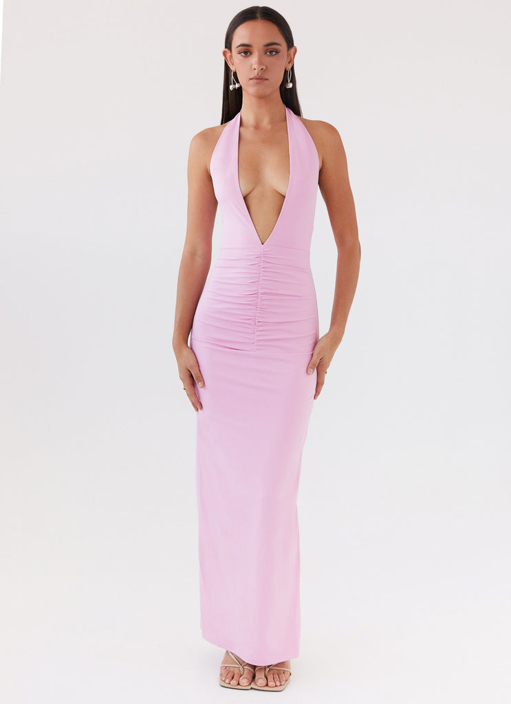 Womens Whisked Away Halterneck Maxi Dress in the colour Pink in front of a light grey background