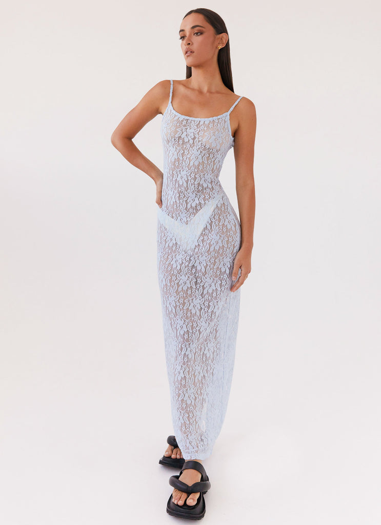 Womens Gravity Lace Maxi Dress in the colour Baby Blue in front of a light grey background