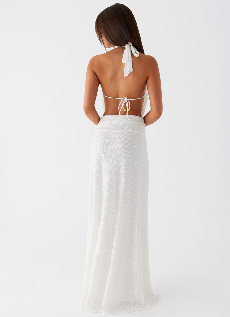 Womens Elysia Sequin Maxi Dress in the colour White in front of a light grey background