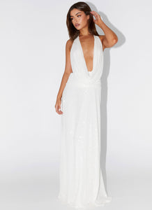 Womens Elysia Sequin Maxi Dress in the colour White in front of a light grey background