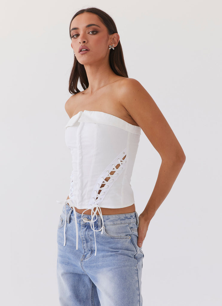 Womens Be My Soulmate Bustier Top in the colour White in front of a light grey background