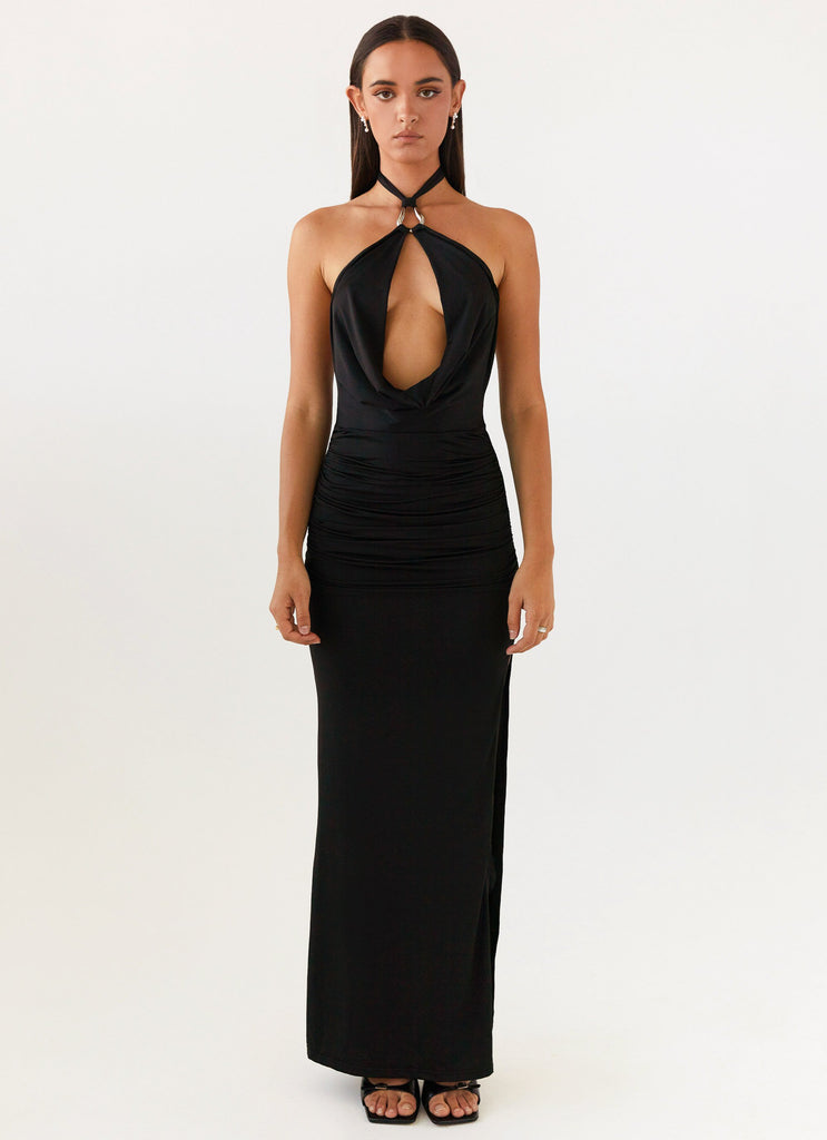 Womens Samara Halterneck Maxi Dress in the colour Black in front of a light grey background