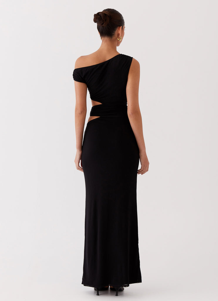 Womens Margot One Shoulder Maxi Dress in the colour Black in front of a light grey background