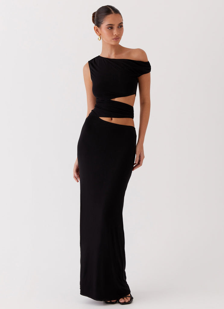 Womens Margot One Shoulder Maxi Dress in the colour Black in front of a light grey background