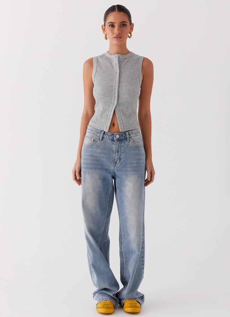 Womens Blair Buttoned Tank Top in the colour Grey Marle in front of a light grey background