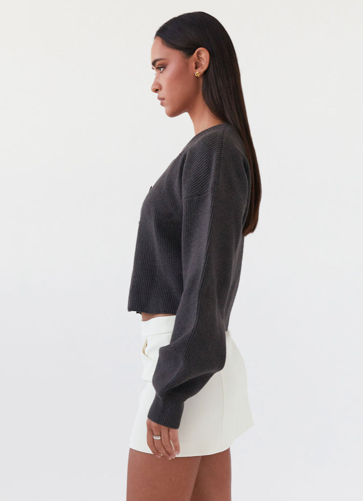 Womens Daphne Knit Cardigan in the colour Charcoal in front of a light grey background