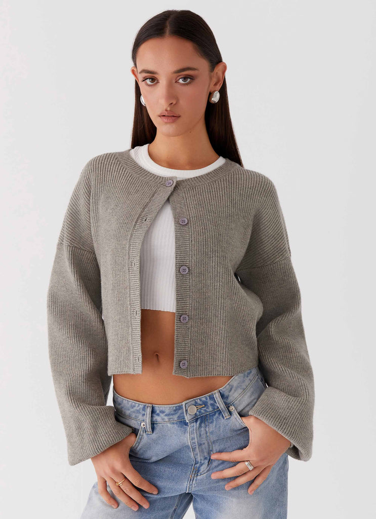 Womens Daphne Knit Cardigan in the colour Light Grey in front of a light grey background