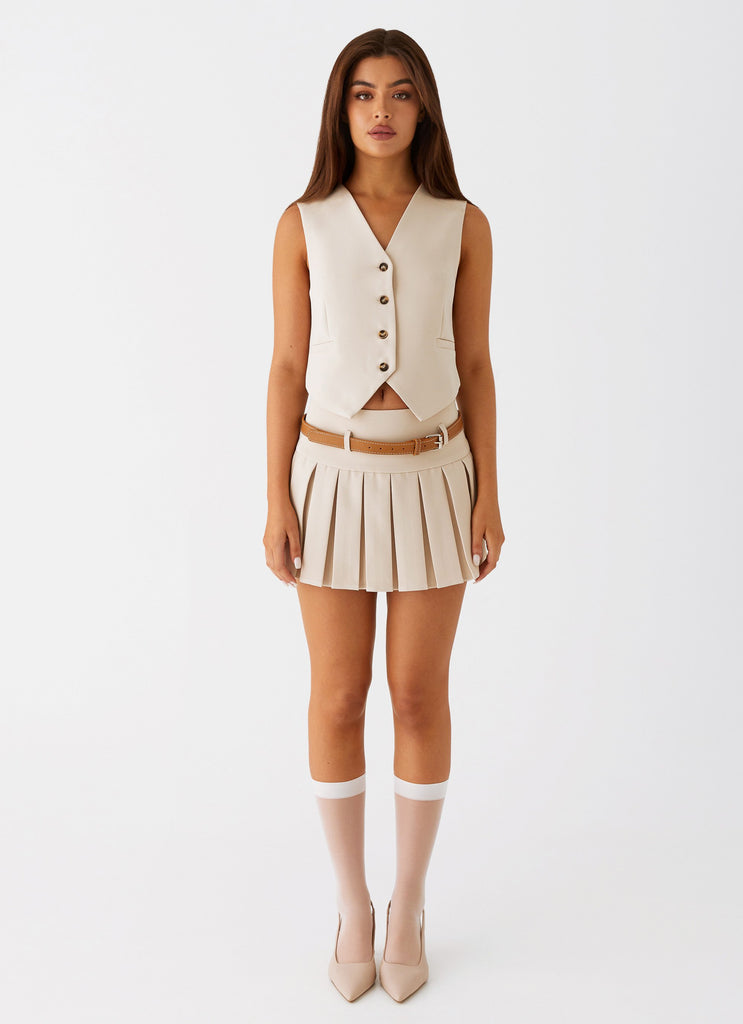 Womens Stealth Mode Mini Skirt in the colour Beige in front of a light grey background