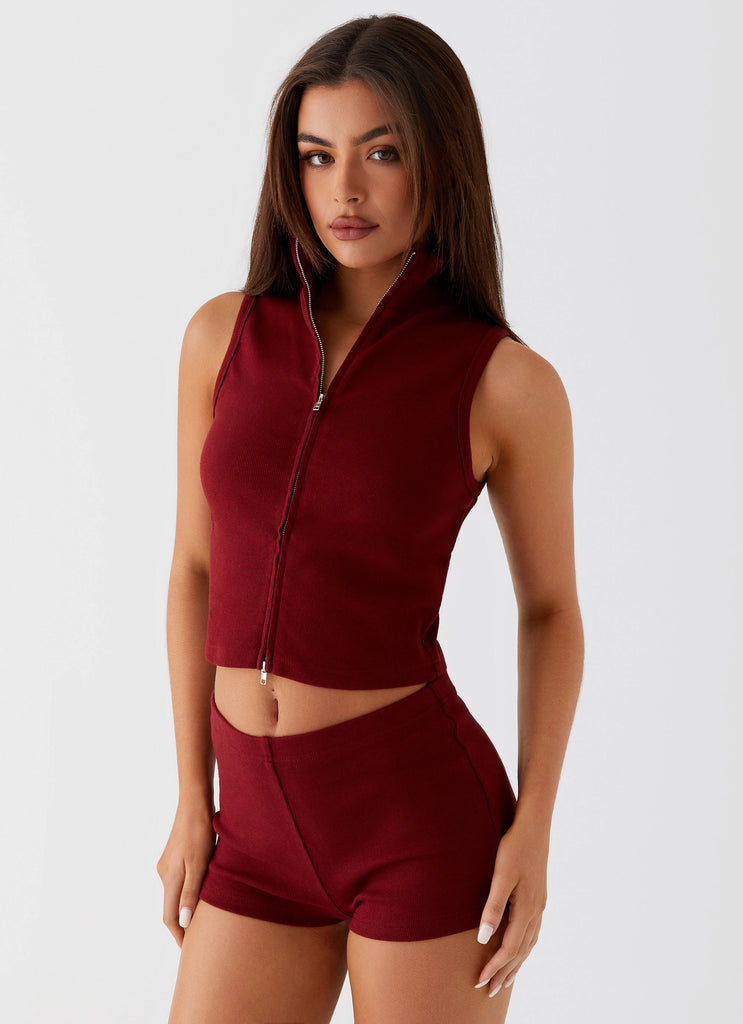 Womens Spectate Collar Top in the colour Maroon in front of a light grey background