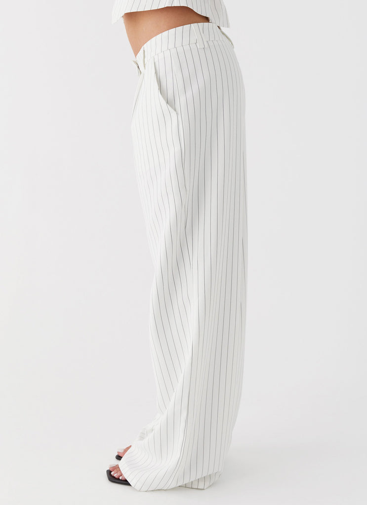 Womens Midnight City Suit Pants in the colour White Pinstripe in front of a light grey background