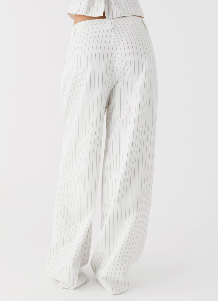 Womens Midnight City Suit Pants in the colour White Pinstripe in front of a light grey background