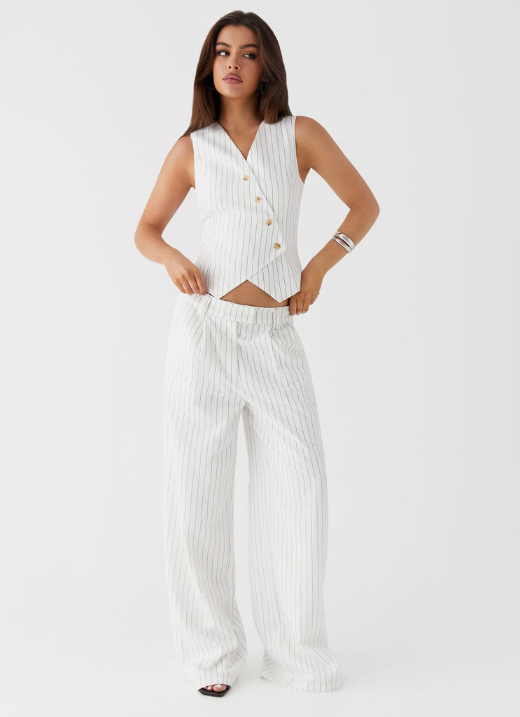 Womens Midnight City Suit Pants in the colour White Pinstripe in front of a light grey background