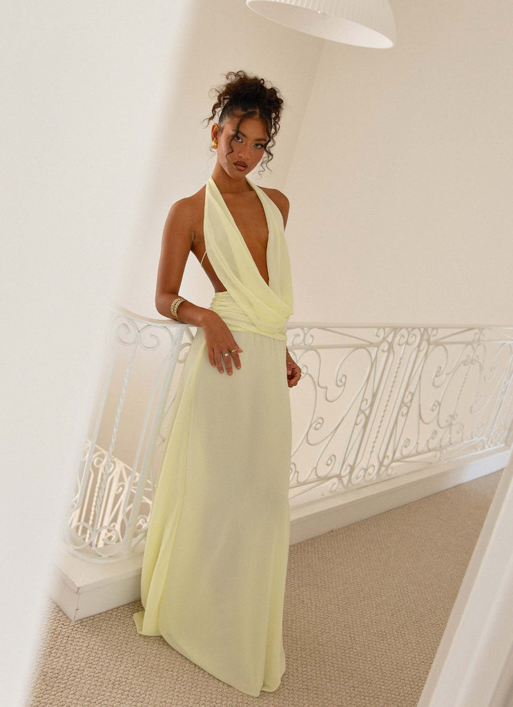 Womens Elysia Chiffon Maxi Dress in the colour Lemon in front of a light grey background