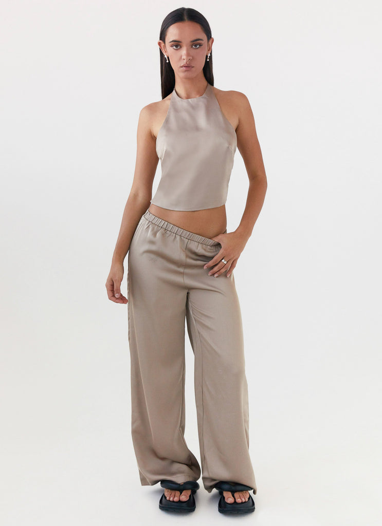 Womens Bree Satin Halterneck Top in the colour Mushroom in front of a light grey background