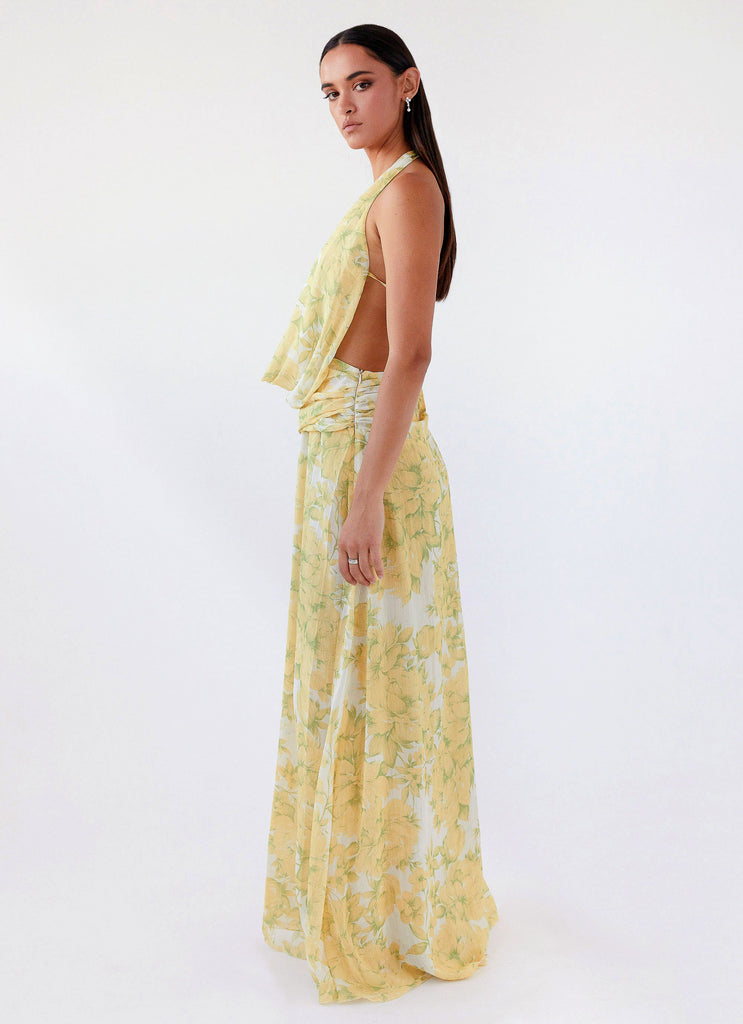 Womens Elysia Chiffon Maxi Dress in the colour Daffodil in front of a light grey background