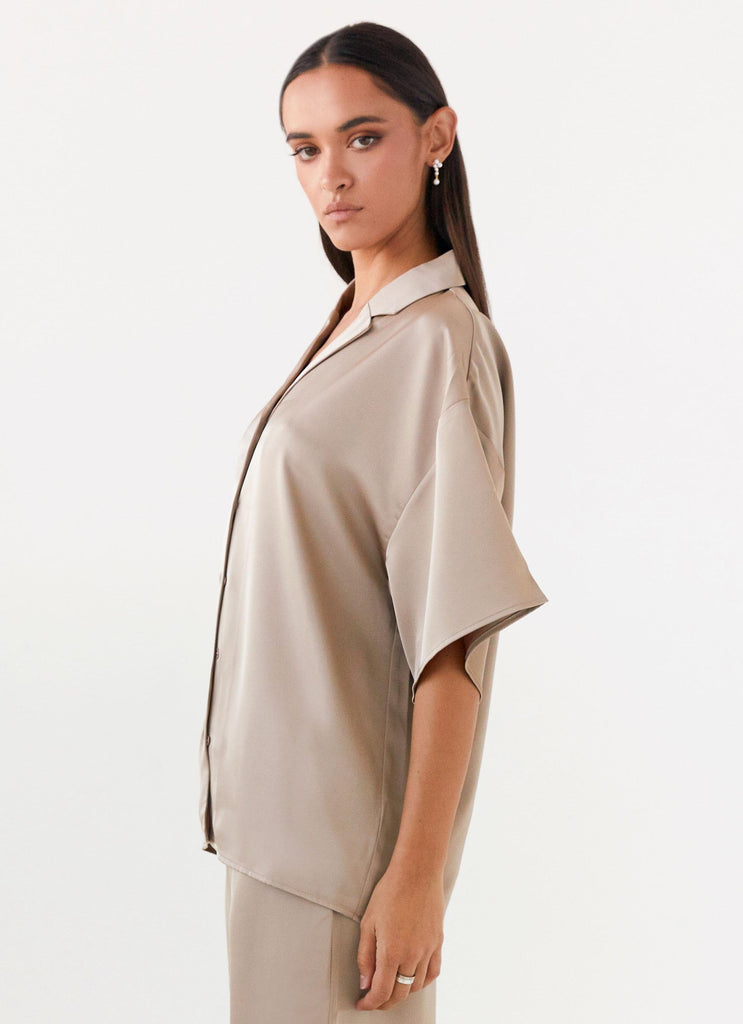 Womens Palm Cove Satin Shirt in the colour Mushroom in front of a light grey background