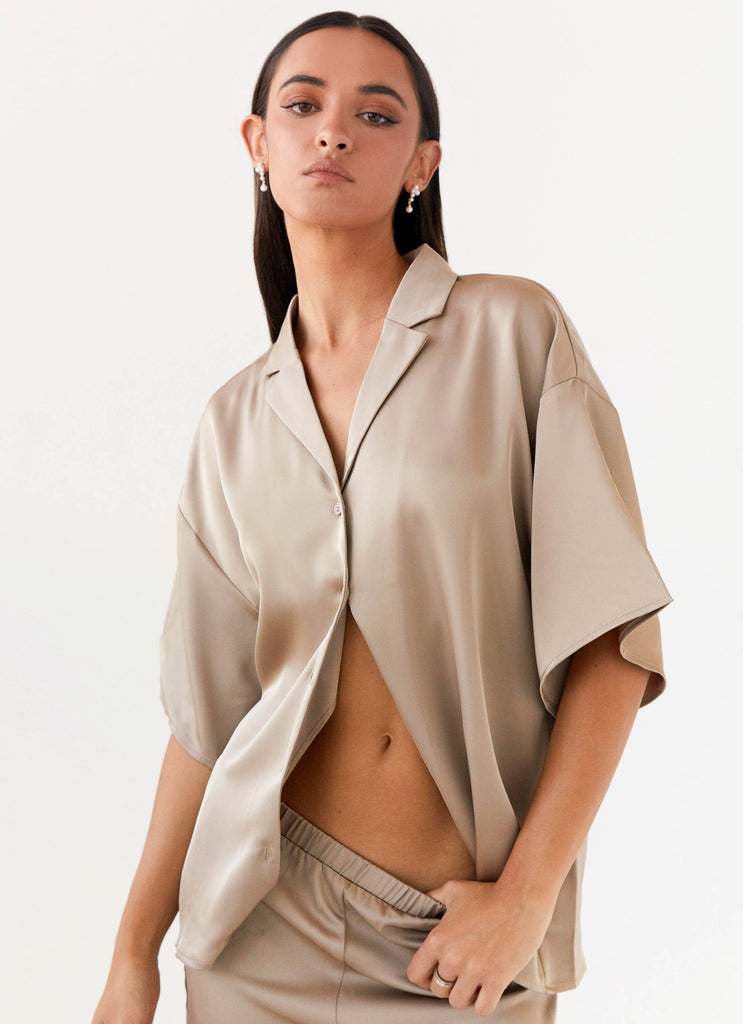 Womens Palm Cove Satin Shirt in the colour Mushroom in front of a light grey background