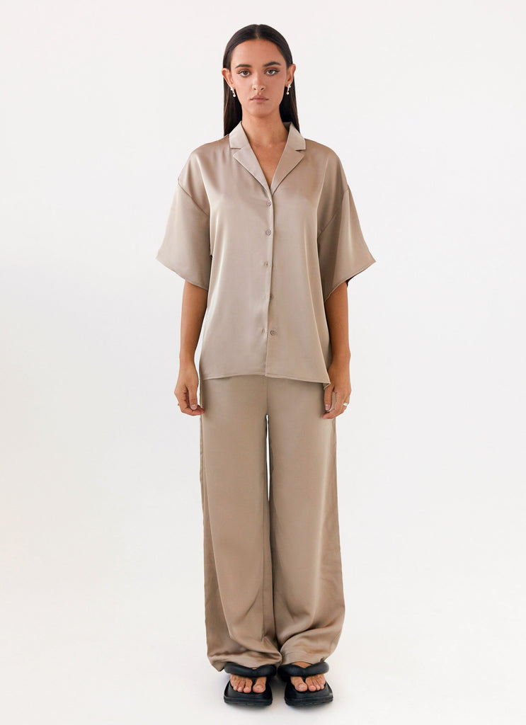 Womens Palm Cove Satin Pants in the colour Mushroom in front of a light grey background