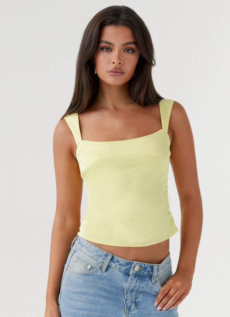 Womens Lylah Satin Top in the colour Yellow in front of a light grey background