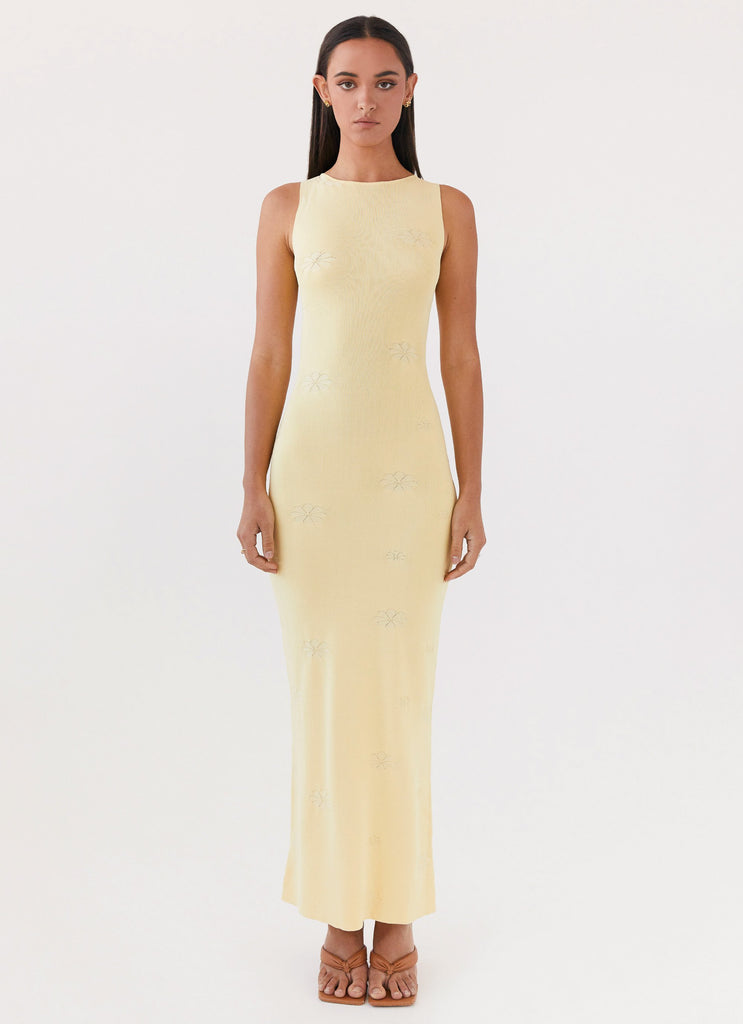 Womens Holly Knit Maxi Dress in the colour Yellow in front of a light grey background