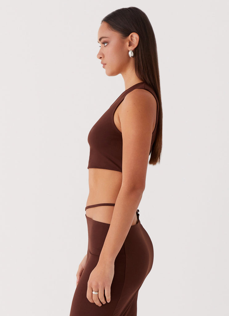 Womens Like You Do One Shoulder Crop Top in the colour Chocolate in front of a light grey background