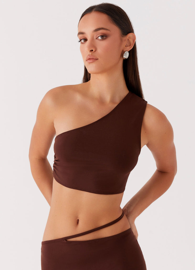 Womens Like You Do One Shoulder Crop Top in the colour Chocolate in front of a light grey background