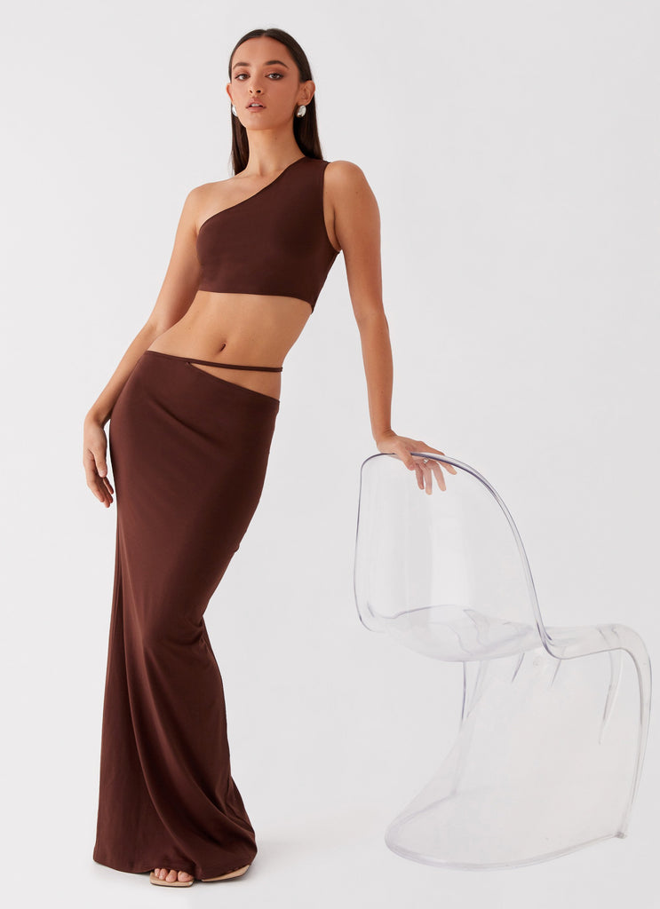 Womens Like You Do One Shoulder Crop Top in the colour Chocolate in front of a light grey background